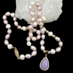 14K Gold Lavender Jade Pendant Necklace Lavender Pearls OOAK
